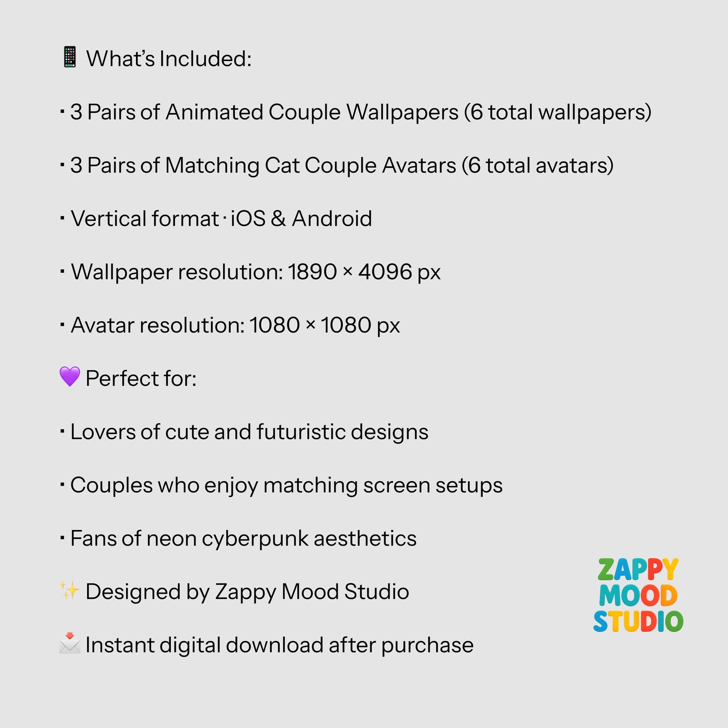 Zappymood Cyberpunk Cat Couple Set – 3 Live Wallpapers & 3 Matching Avatars