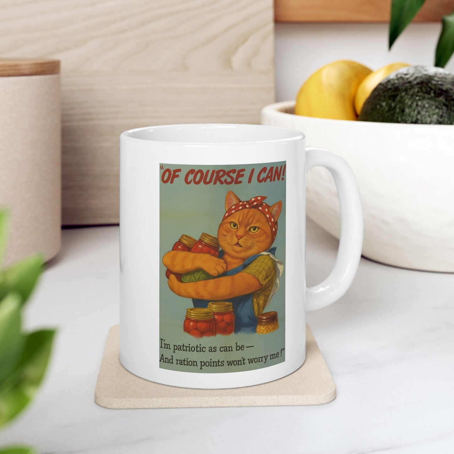 Retro Cat Mug – "We Can Do It!" & "Of Course I Can!" WWII Poster Parody – Funny Feminist Gift – Vintage Orange Tabby Coffee Cup – 11oz Ceramic