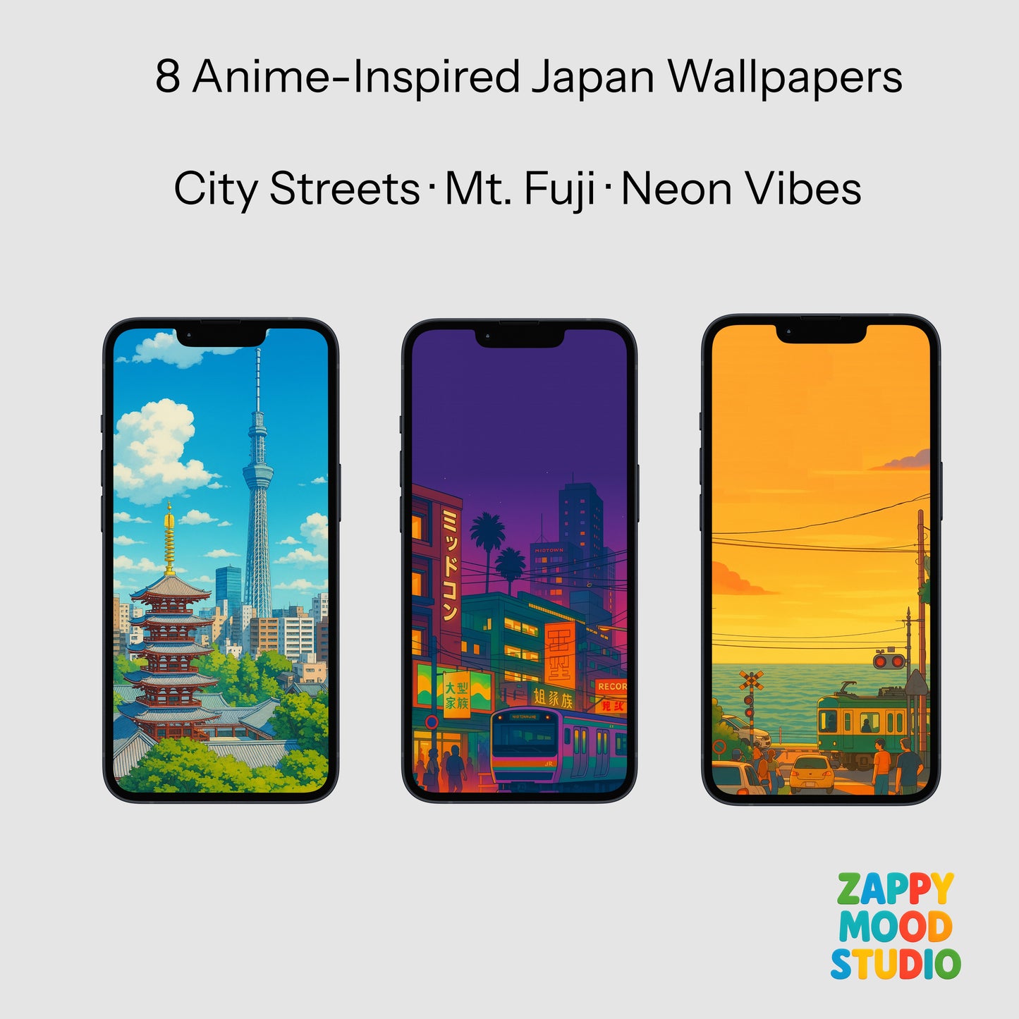 8 Japan Anime Wallpapers – Neon Tokyo, Mt. Fuji, Retro City Views V3