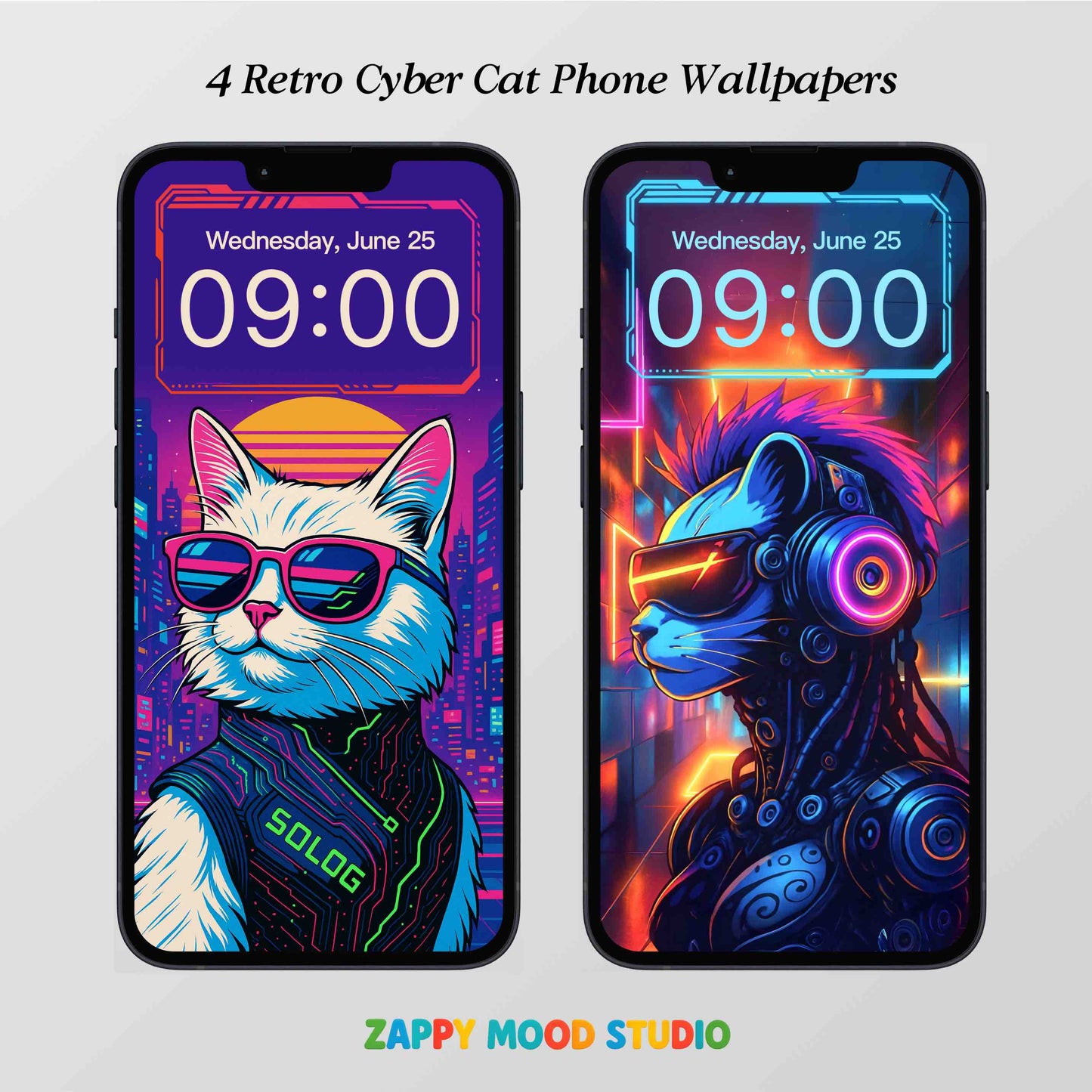 4 Retro Cyber Cat Phone Wallpapers – Aesthetic Digital Art for iPhone & Android