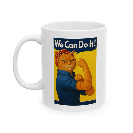 Retro Cat Mug – "We Can Do It!" & "Of Course I Can!" WWII Poster Parody – Funny Feminist Gift – Vintage Orange Tabby Coffee Cup – 11oz Ceramic