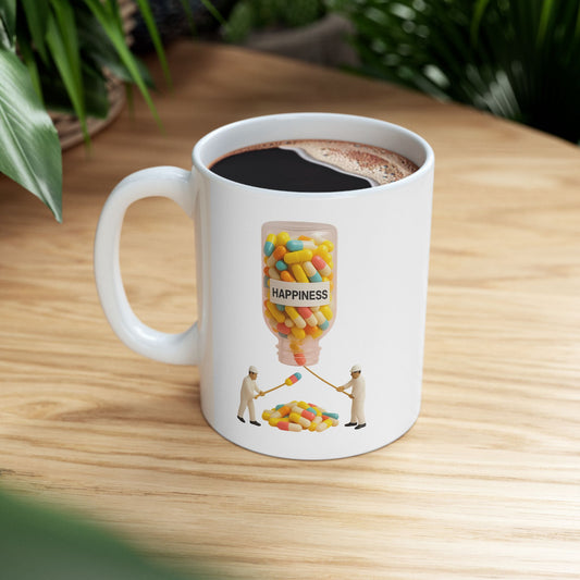 Funny Happy Pill Mug - Coffee IV Drip Cup - Cute Ceramic Mug for Mental Health & Positivity Gift