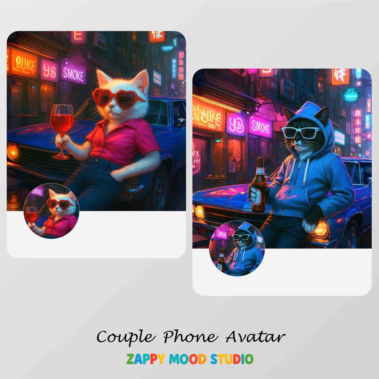 Zappymood Cyberpunk Cat Couple Set – 3 Live Wallpapers & 3 Matching Avatars