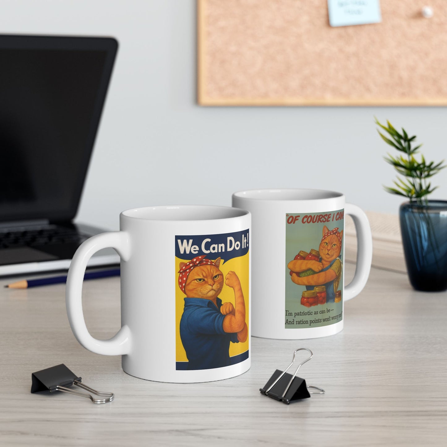 Retro Cat Mug – "We Can Do It!" & "Of Course I Can!" WWII Poster Parody – Funny Feminist Gift – Vintage Orange Tabby Coffee Cup – 11oz Ceramic