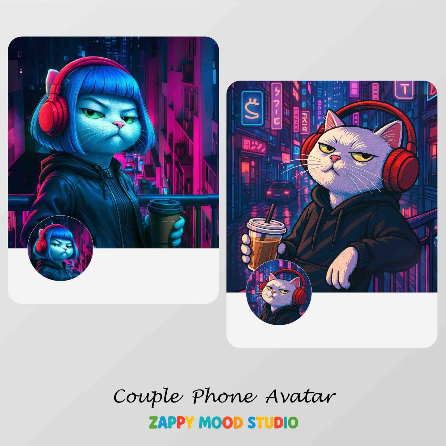 Zappymood Cyberpunk Cat Couple Set – 3 Live Wallpapers & 3 Matching Avatars
