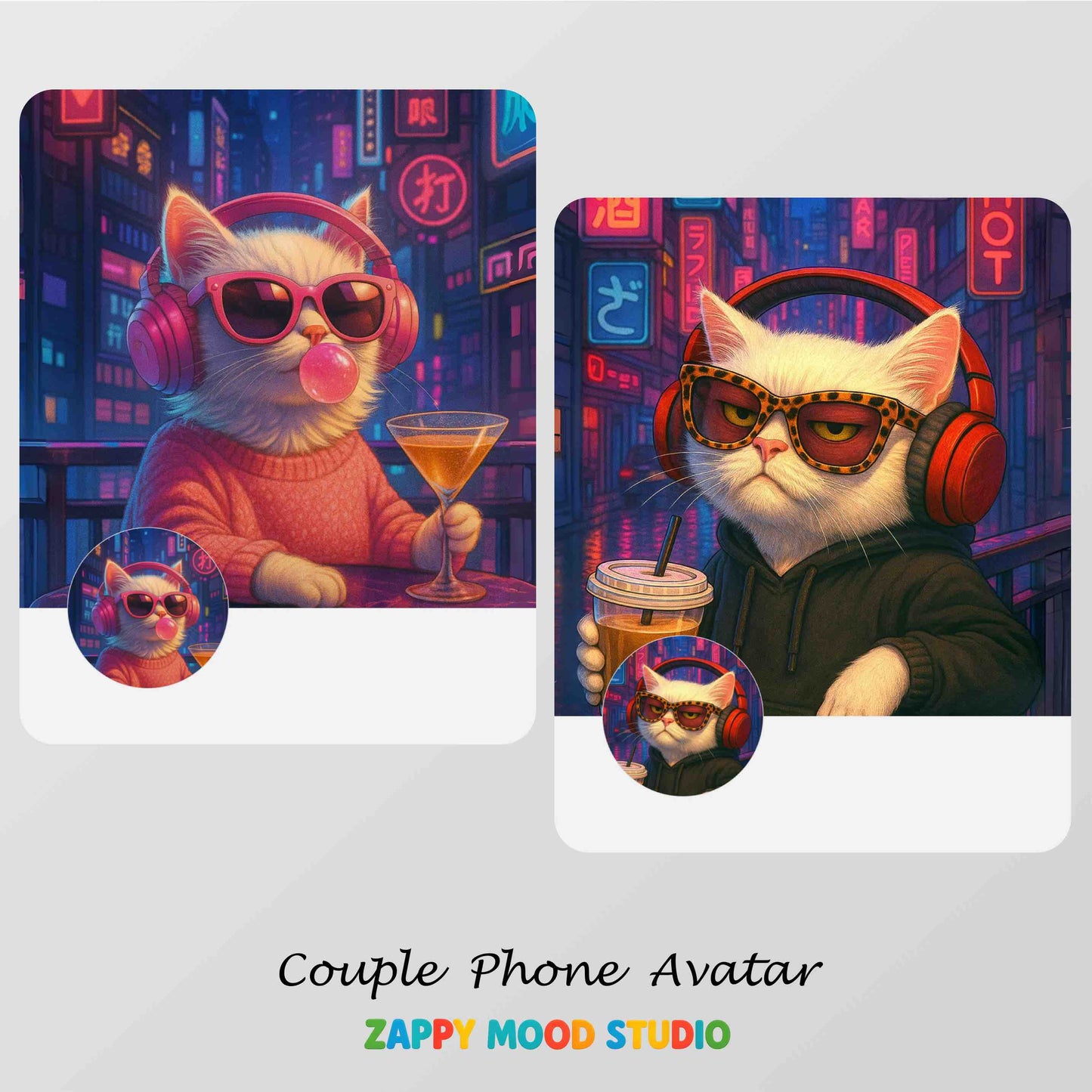 Zappymood Cyberpunk Cat Couple Set – 3 Live Wallpapers & 3 Matching Avatars