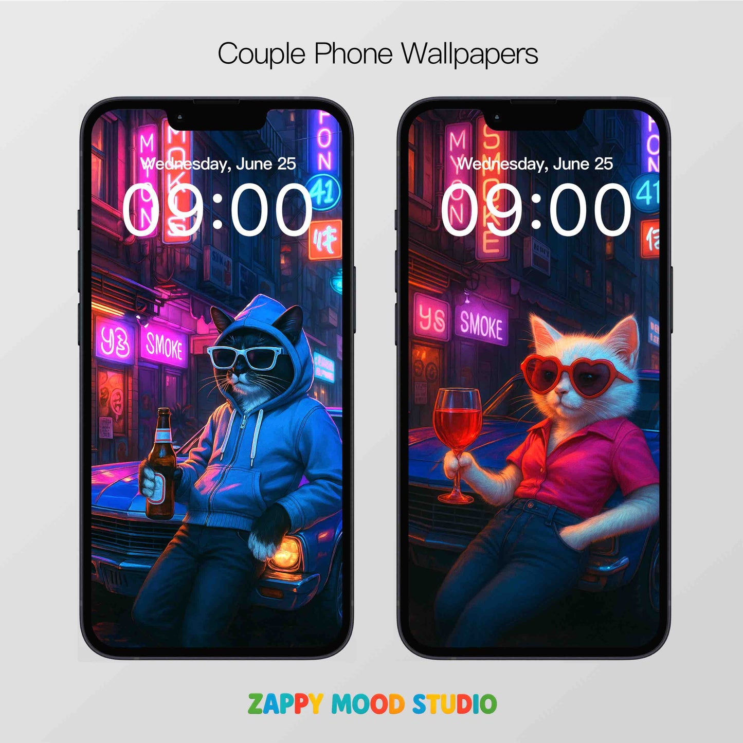 Zappymood Cyberpunk Cat Couple Set – 3 Live Wallpapers & 3 Matching Avatars