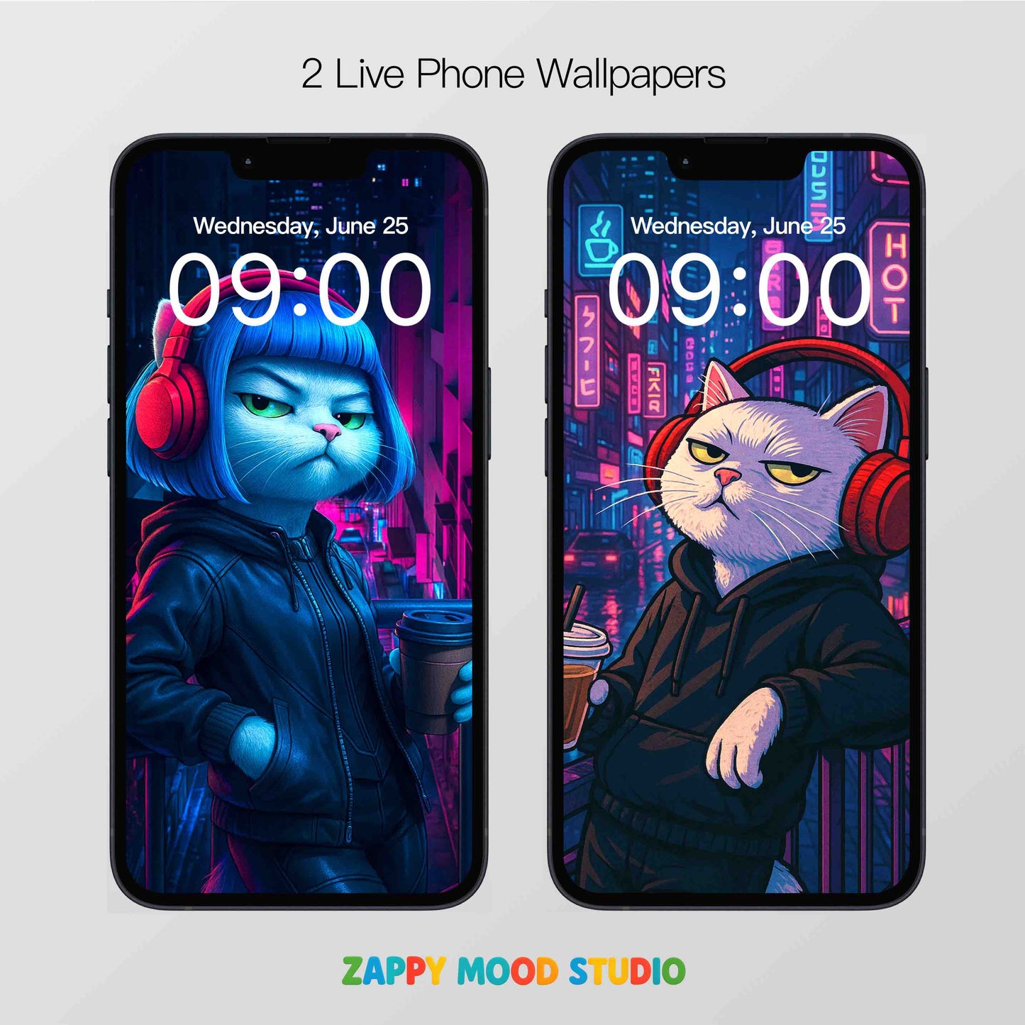 Zappymood Cyberpunk Cat Couple Set – 3 Live Wallpapers & 3 Matching Avatars