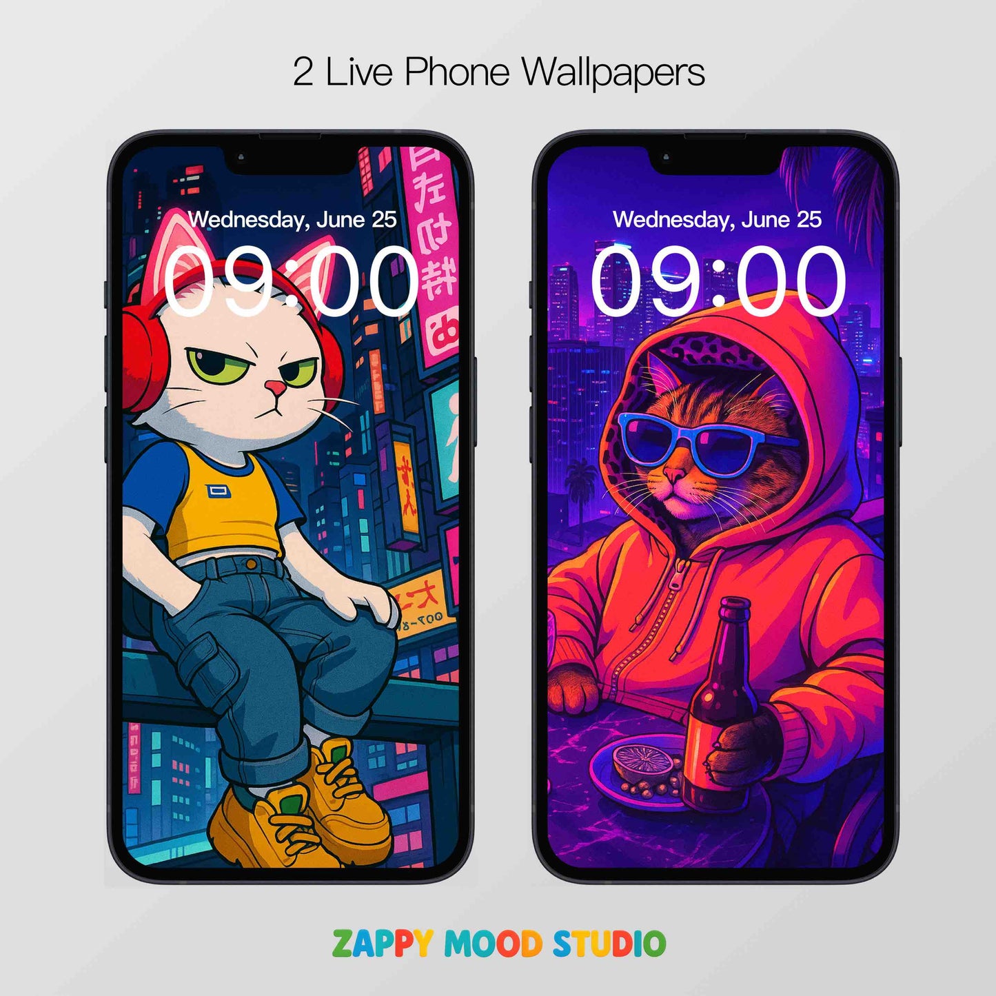Zappymood Cyberpunk Cat Couple Set – 3 Live Wallpapers & 3 Matching Avatars