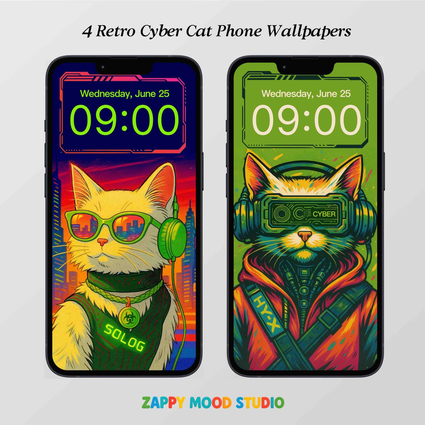 4 Retro Cyber Cat Phone Wallpapers – Aesthetic Digital Art for iPhone & Android