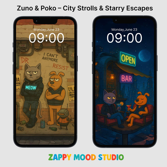 ZappyMood Zuno & Poko Wallpapers – Cozy Strolls & Starry Escapes