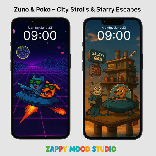 ZappyMood Zuno & Poko Wallpapers – Cozy Strolls & Starry Escapes