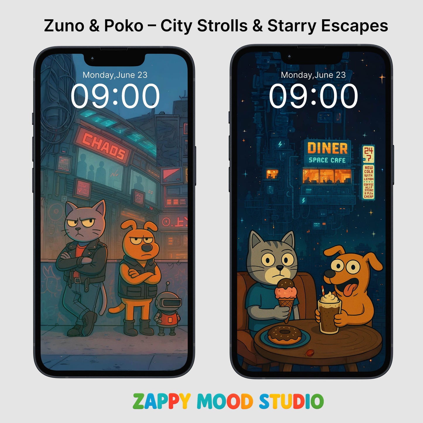 ZappyMood Zuno & Poko Wallpapers – Cozy Strolls & Starry Escapes